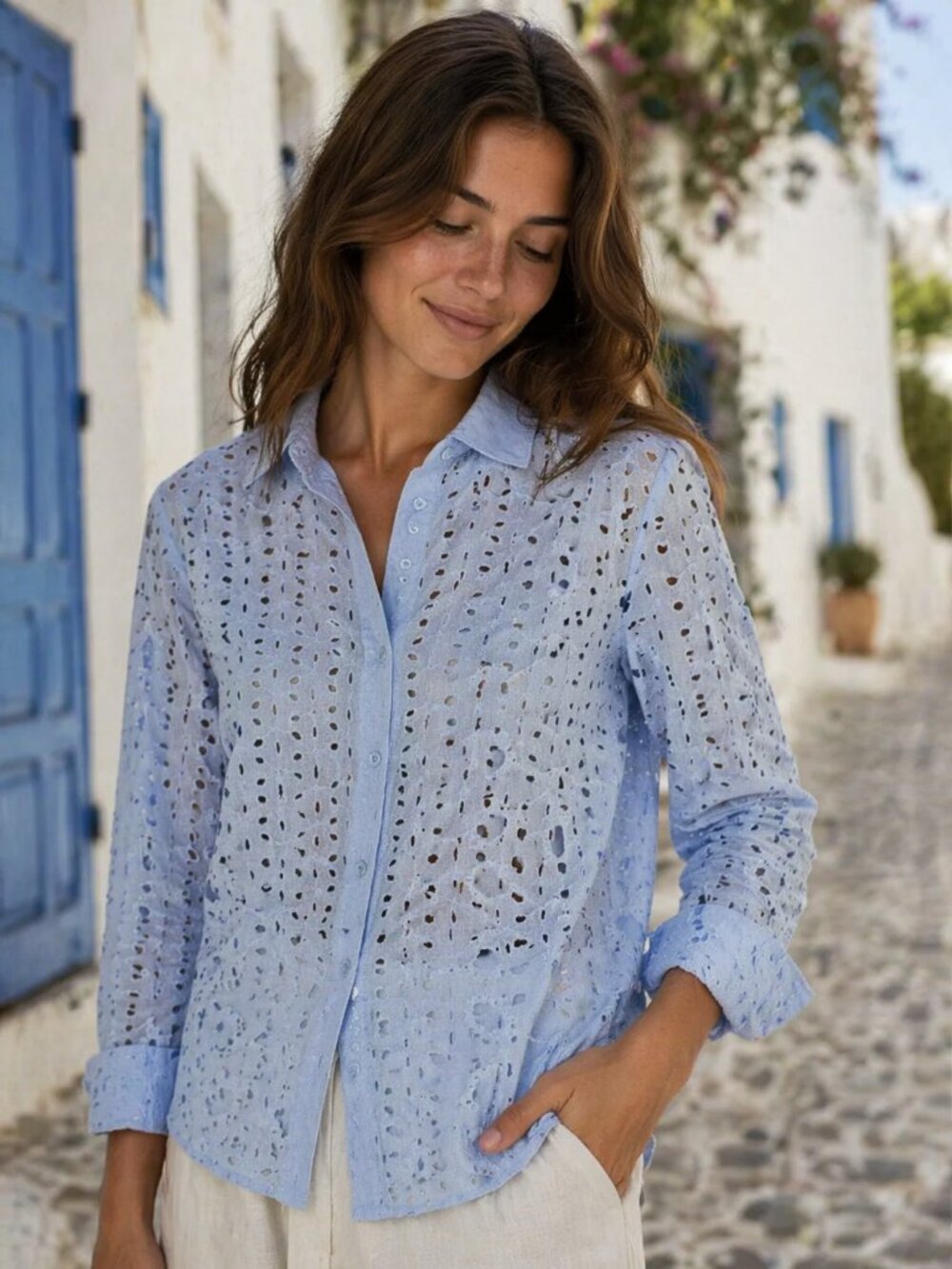 Martha Stewart Embroidered Blue Blouse – Size L